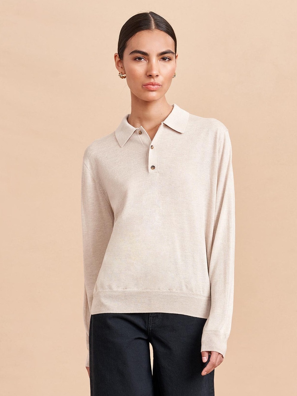 La Ligne NYC Ben Polo Sweater Silk Wool Cashmere Oat Beige Neutral Sz Medium